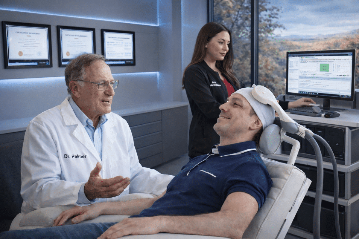 Happy patient receiving TMS treatment at Brain Wellness Center