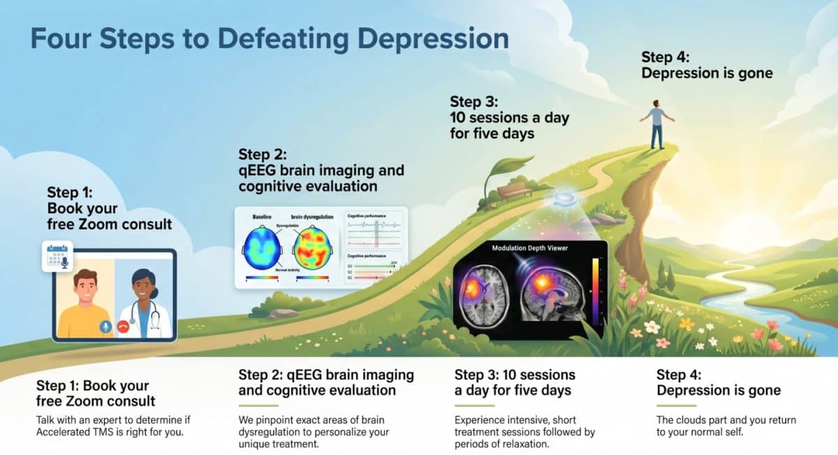 Four steps to defeating depression with accelerated TMS in Modesto: free video consult, qEEG brain imaging and cognitive evaluation, treatment across five days, depression is gone